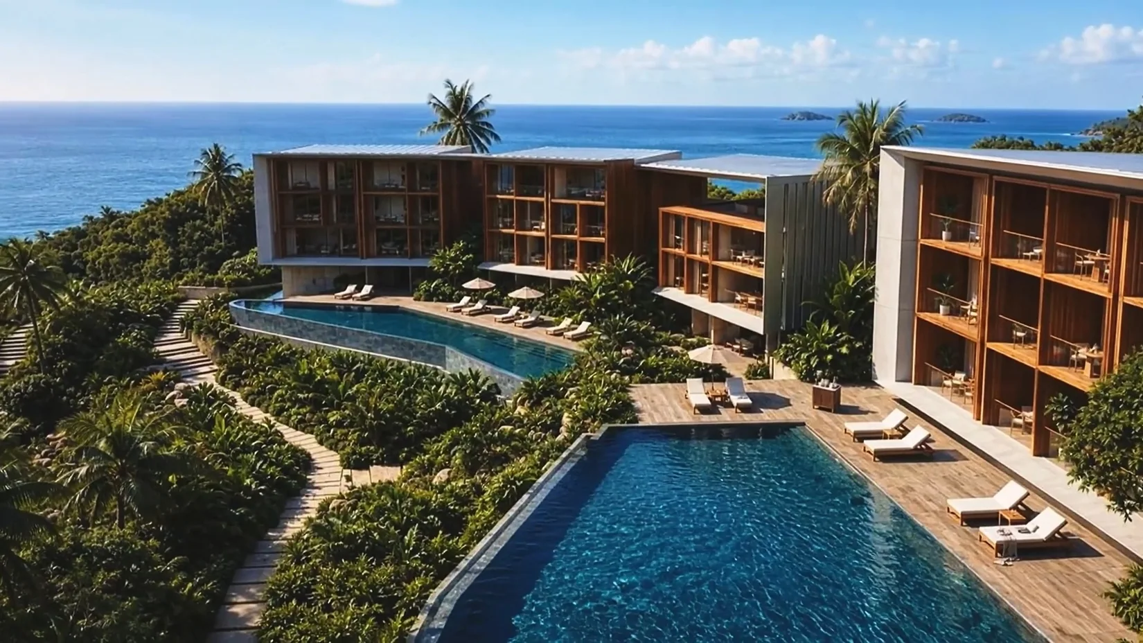 Empreendimento com jardins e piscinas visto de cima
