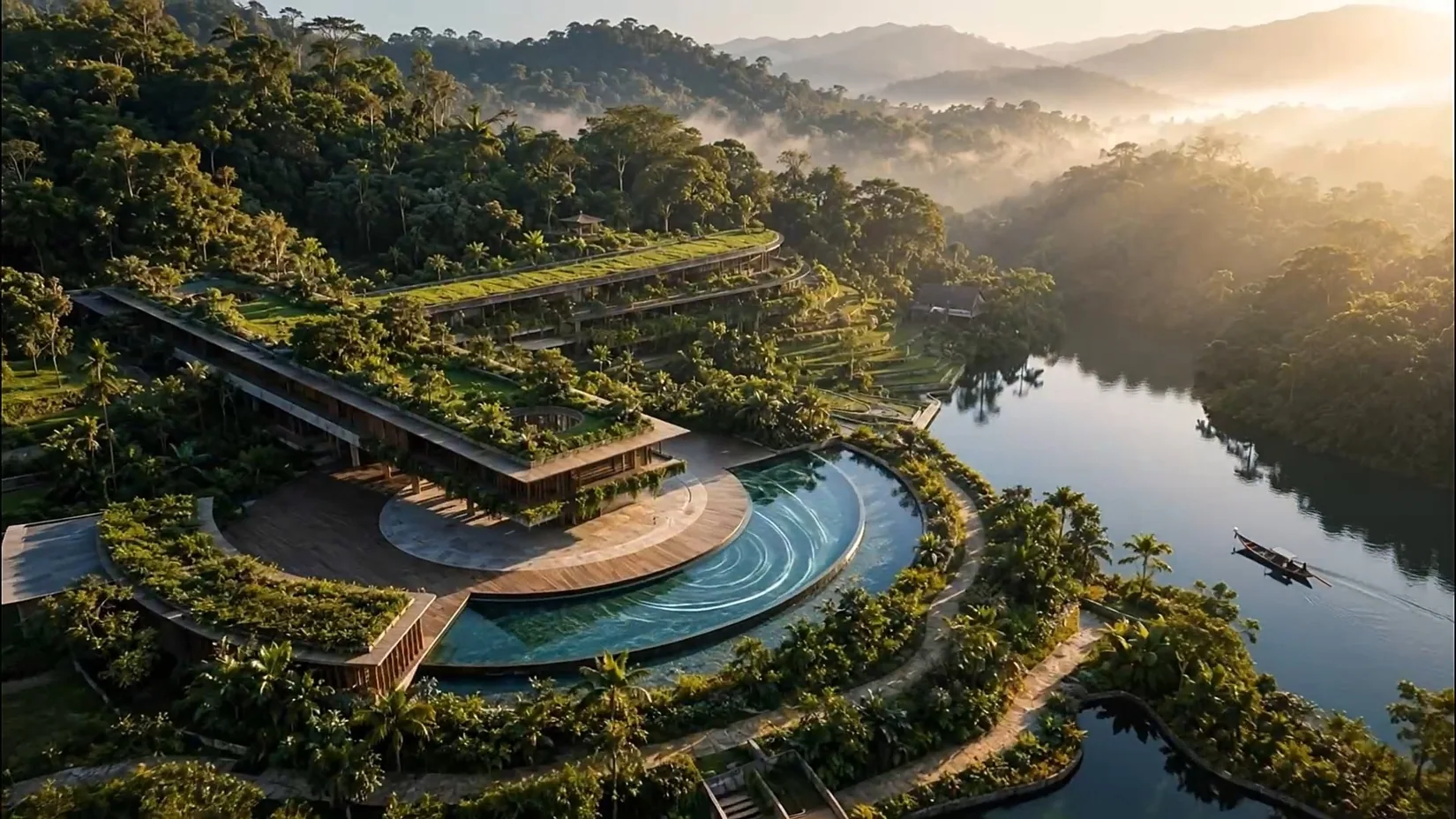 Visualização aérea de empreendimento inserido em paisagem natural e lâmina d'água