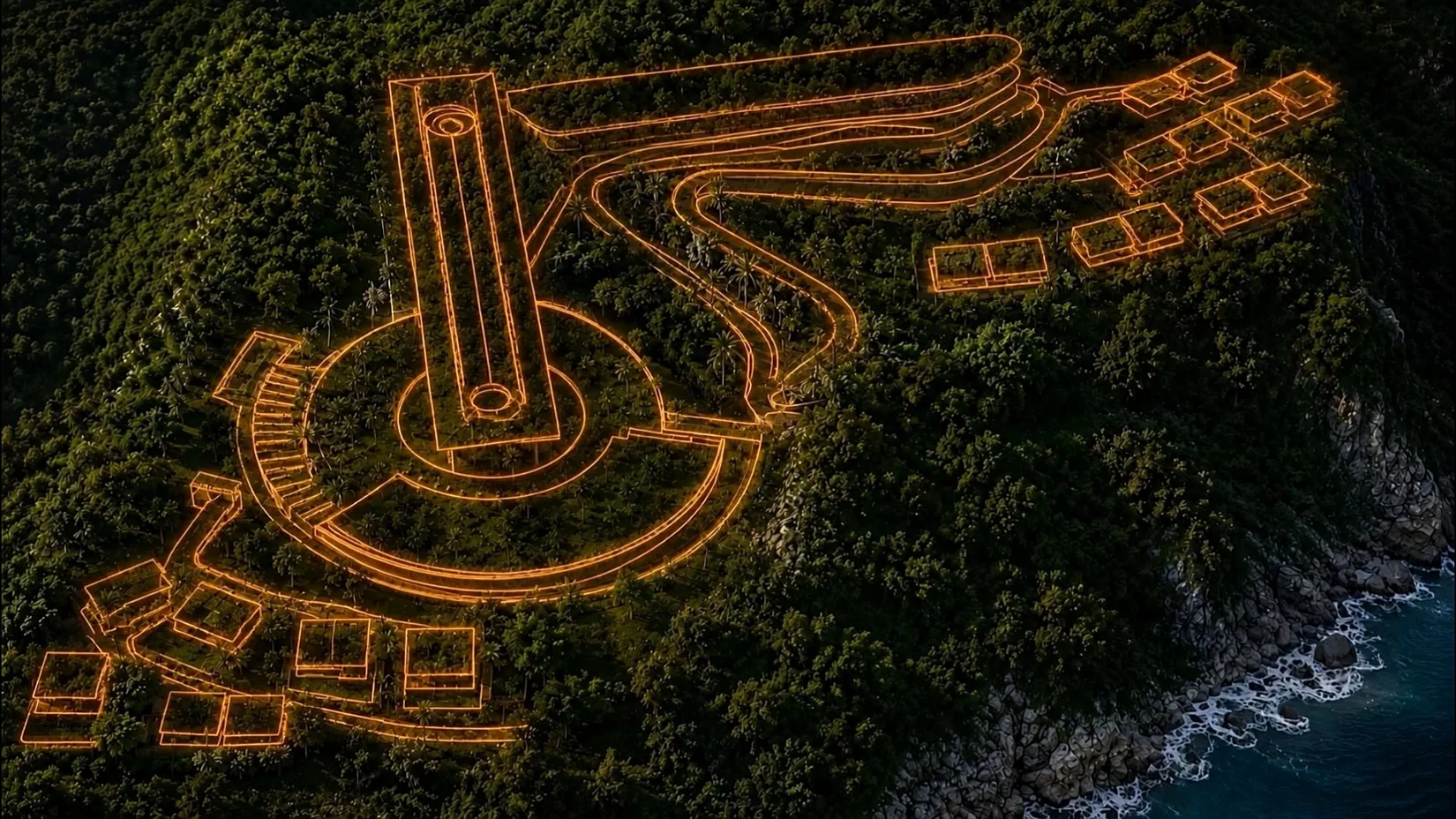 Visualização conceitual de implantação arquitetônica em paisagem natural
